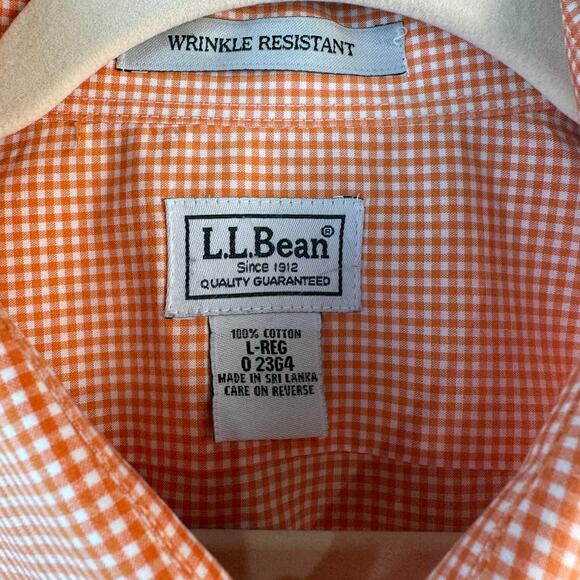 LL Bean Button Up Shirt Mens L Orange Gingham Wrinkle Resistant Short Sleeve - Picture 5 of 6